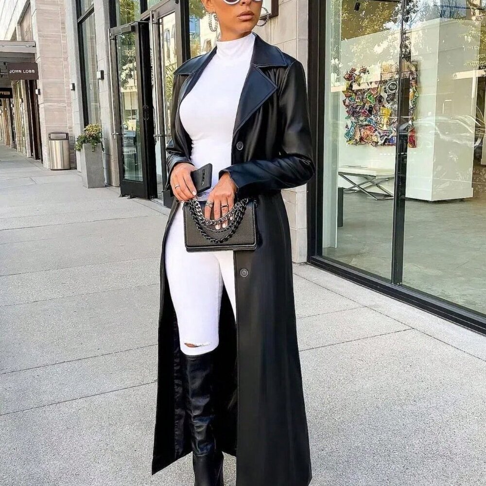 Black Elegant Women's Faux Leather Trench Coat